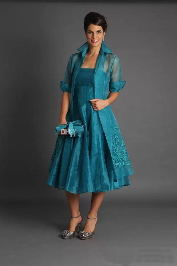 Elegant A Line Plus Size Short Mother of The Bride Dresses Jacket Teal Length Suits Evening Gowns Organza