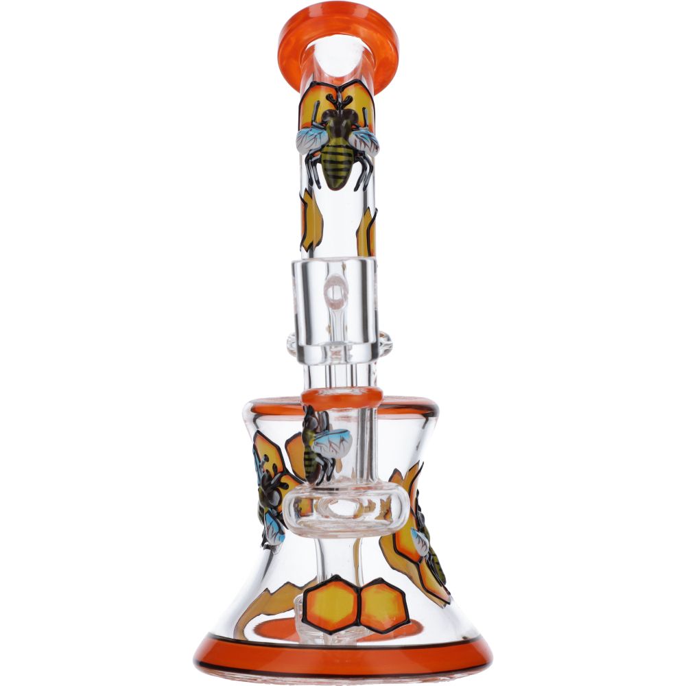 Bang d'abeille en verre en relief personnalisé Orange sablier Dab Rig avec pomme de douche Perc avec connecteur femelle de 14,5 mm filtre bong à eau