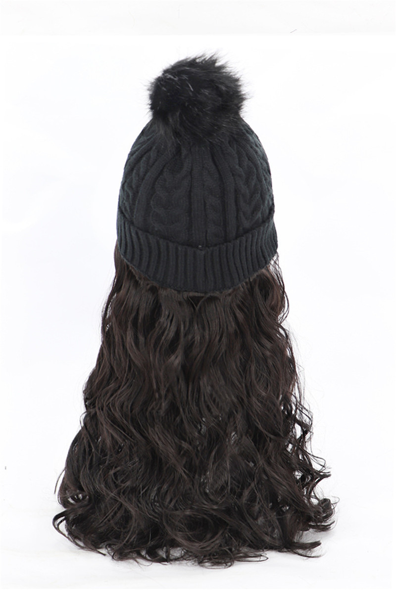 Fashion Hat Wig For Woman Long Curly Synthetic Hair Wig Warm Knitted Pom Cap With Hairs Autumn And Winter Caps Wigs