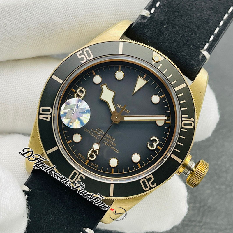 ZF Bronze 7925 A2824 자동 남성 시계 회색 다이얼 빈티지 검은 가죽 스트랩 슈퍼 에디션 시계 ETA PURETIME C26