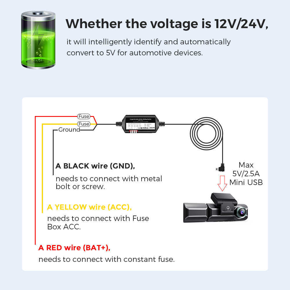 AZDOME JYX02 CAR DVR Kayıt Hardwire Kit M550 Düşük Vol Koruma Mini USB Port 12V-24V 5V2.5A Çıkış