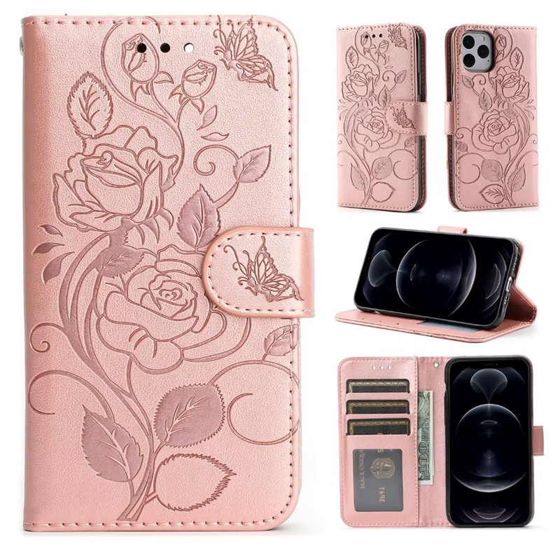 Imprint Rose Flower Leather Wallet Cases For Iphone 14 Pro Max Plus 13 Mini 12 11 X XR XS 8 7 Frame Photo Fashion Floral Credit ID Card Slot Phone Pouch Stand Holder Purse