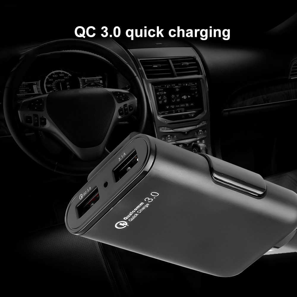 QC3.0 4 Ports Car USB Charger Fast Charging Cigarette Lighter Power Adapter for iPhone Huawei with 1.7M Extension HUB Cable