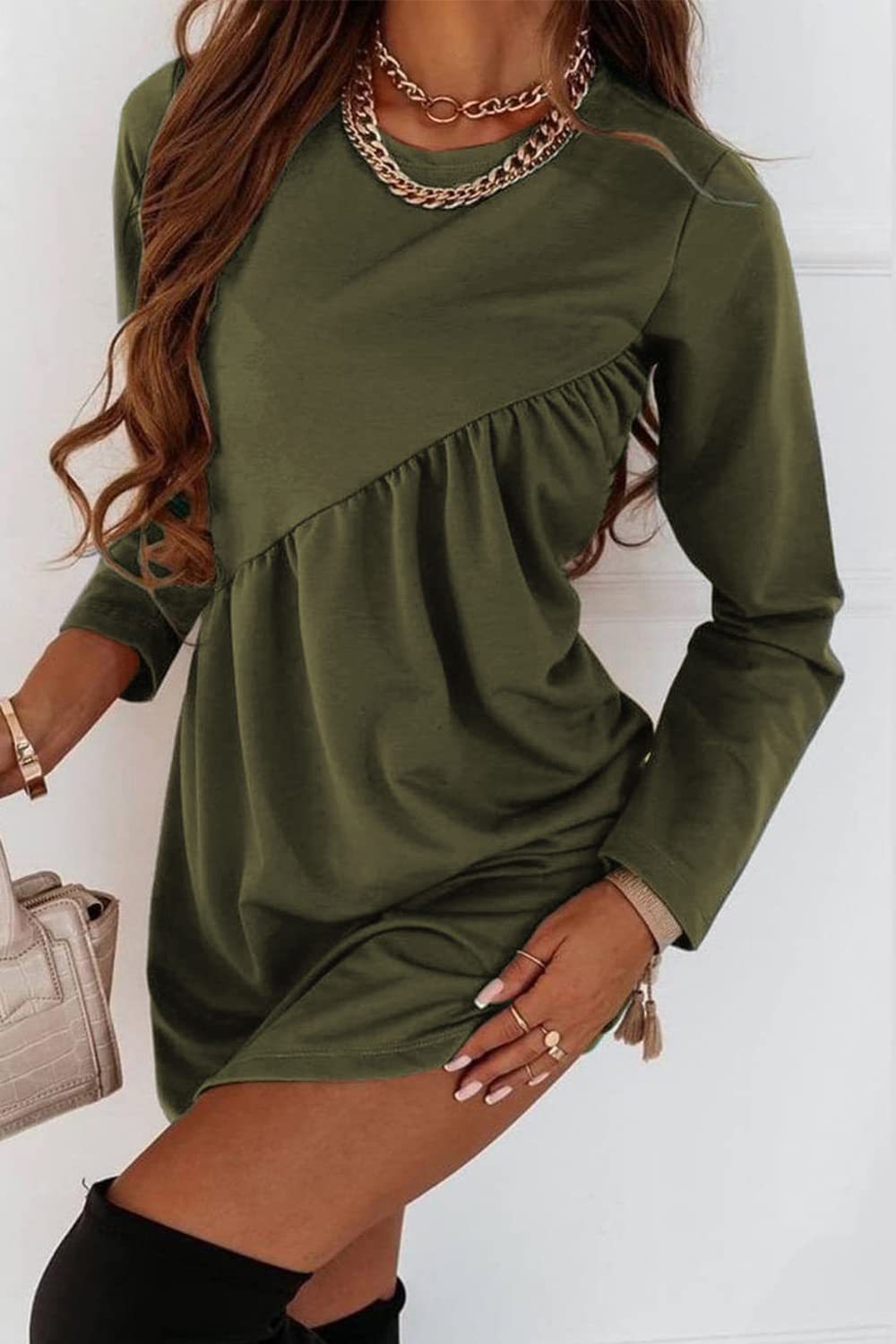 Women Casual Dresses Asymmetrical Long Sleeve Tunic Crewneck Loose Flowy Shift Ruched Mini Dress