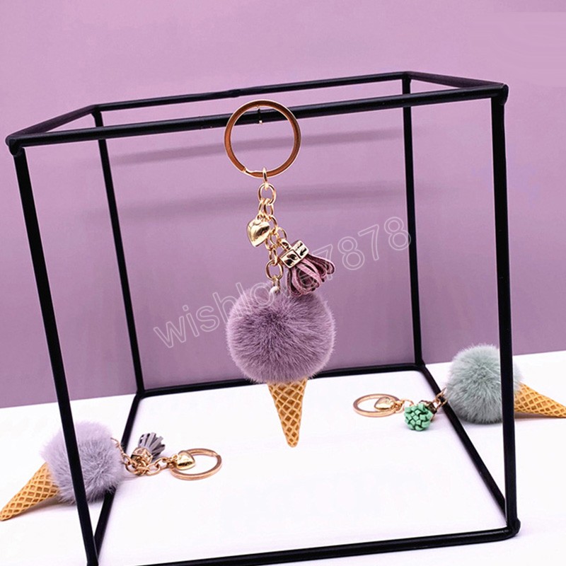 Portachiavi gelato Portachiavi con palla in pelliccia sintetica carino Borse in peluche Ciondolo Portachiavi auto Catena Gioielli creativi Accessori chiave regalo