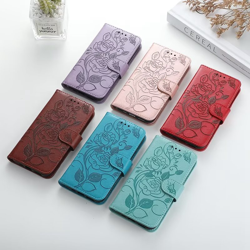 Imprint Rose Flower Leather Wallet Cases For Iphone 14 Pro Max Plus 13 Mini 12 11 X XR XS 8 7 Frame Photo Fashion Floral Credit ID Card Slot Phone Pouch Stand Holder Purse