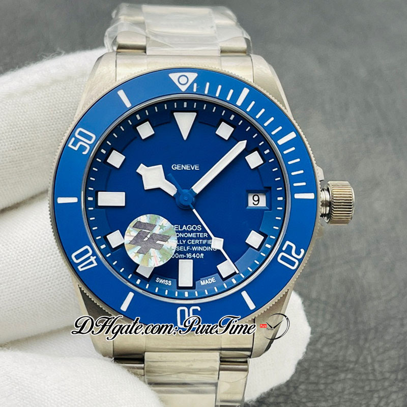 ZF V5 25500 A2824 TITANIUM Automatisk herrklocka 42mm keramisk Bezel Blue Dial White Markers Titaniums Armband Super Edition Watche227k