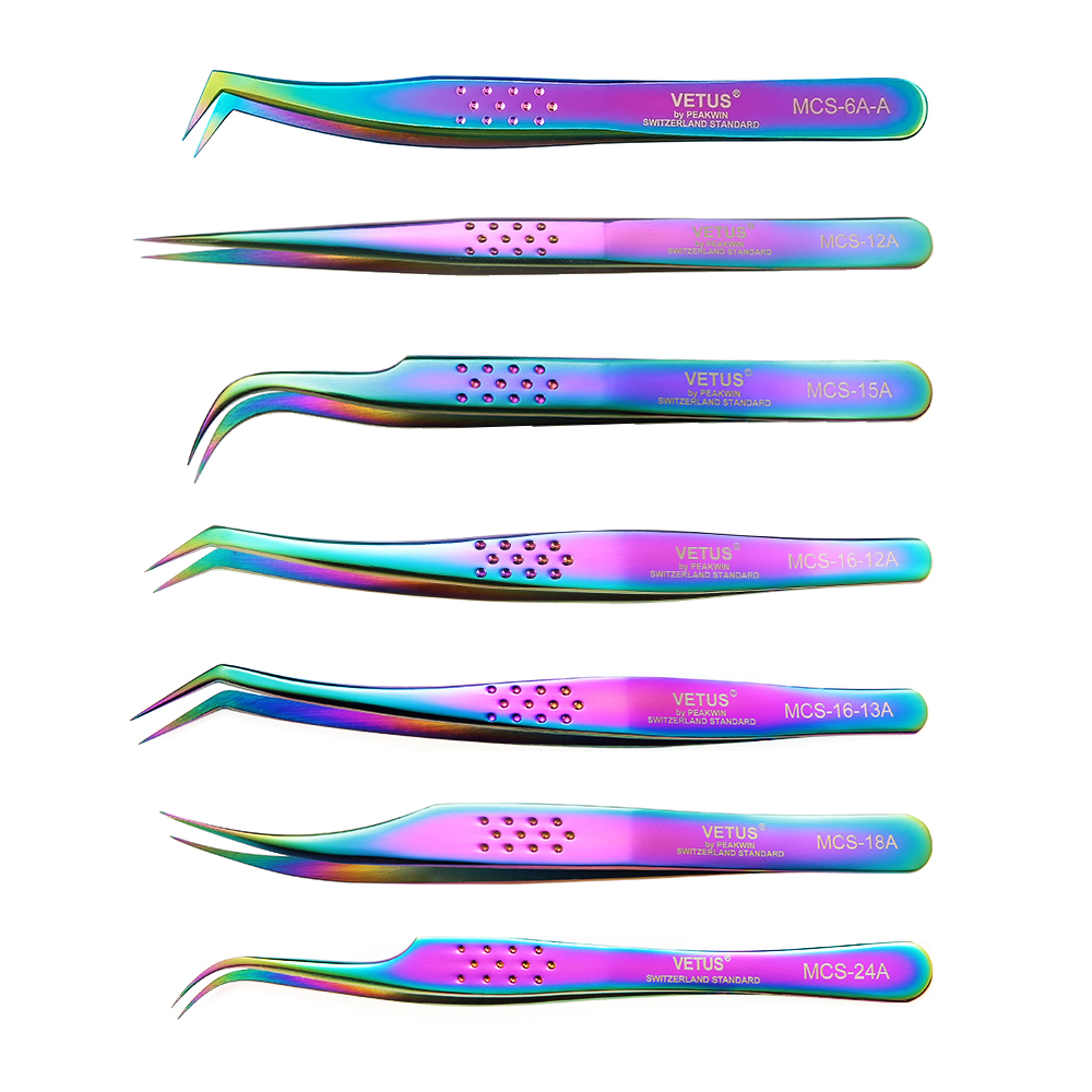 100% Vetus Hand Tools Bright Blue MCS Seria Rainbow Pinces Fałszywe rzęs przedłużanie pincetów stali nierdzewnej