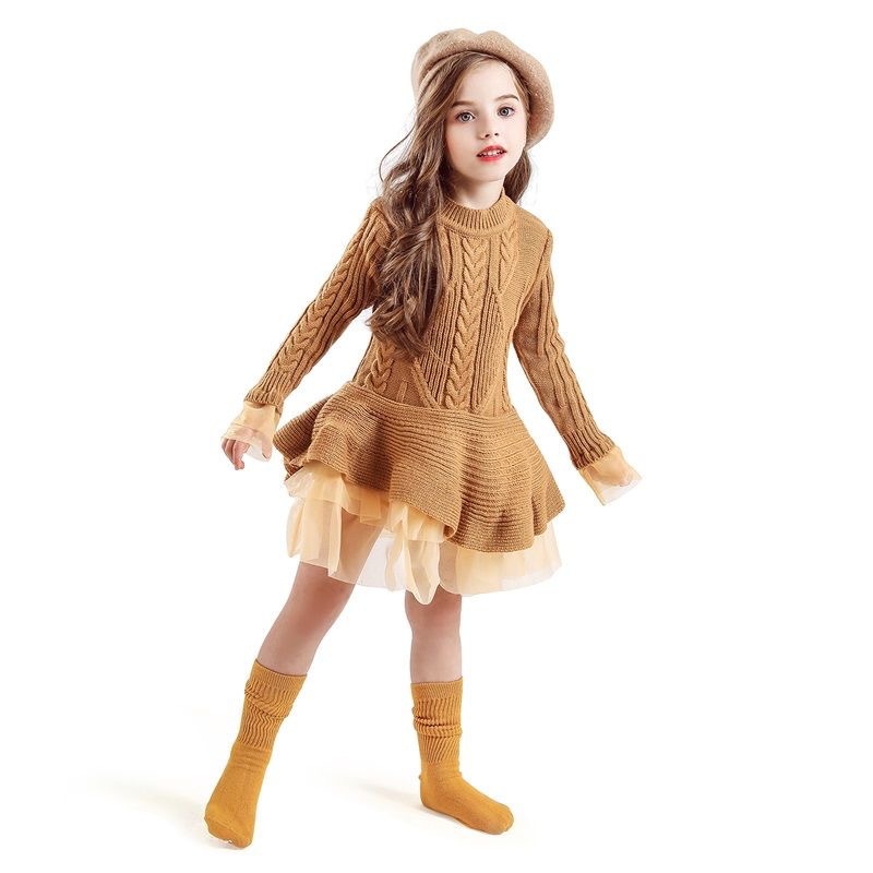 Girls Princess organza knitting Sweater pullovers Spring Autumn kids long sleeve sweater dresses children knitted splicing lace falbala gown 100-140