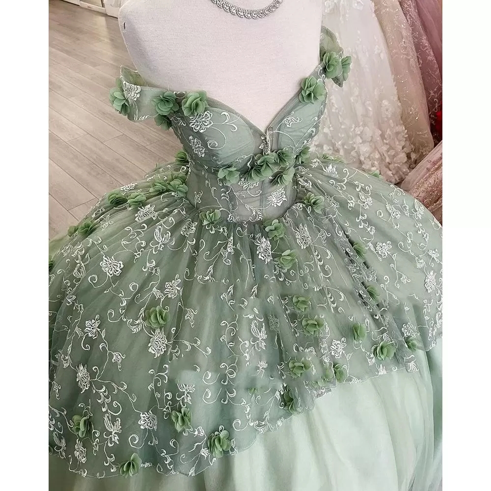 2023 Mint Green Floral Lace Handmade Bloemen Quinceanera Dresses Lace-Up korset van het schouderneerde korset voor Sweet 15 Girls Party GB1128