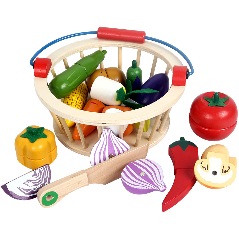 Moder trädgård träkorg kök leksaker barn som skär frukt grönsak lek miniatyr mat barn baby tidig utbildning lek låtsas leksak
