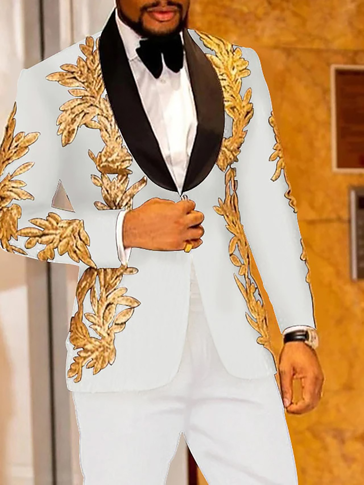 Золотые аппликации мужчин смокинг 2 частями блестки на заказ красивые свадебные костюмы для лучшего человека Fit Formal
