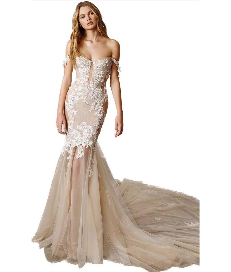 2023 Boho Bohemia Abiti da sposa a sirena sexy con spalle scoperte Sweep train Applique in pizzo Abiti da spiaggia da sposa BC14748 GB1128I