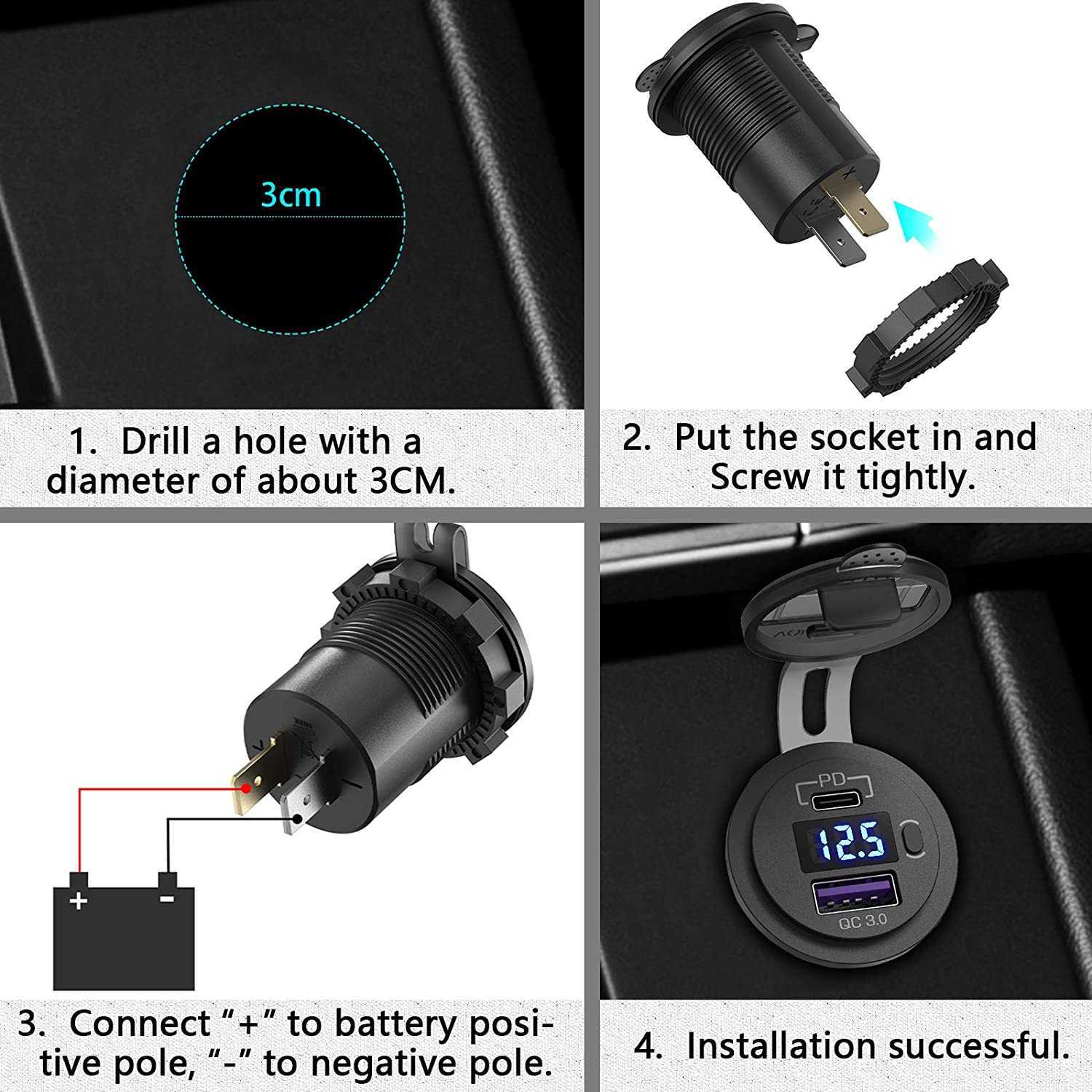 12V 48W USB充電器アウトレット防水ソケットPDタイプCおよびQC3.0カーボートマリントラック用ポート