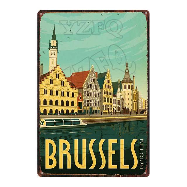 Brussel Metal Painting Vintage Travel City Building Tar Bord Metal Plate for Wall Pub Cafe Home Craft Decor 20Cmx30cm Woo