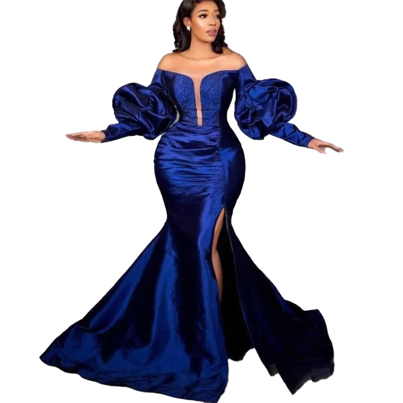 Sexy Mermaid Prom Dresses Long for Women Dubai Arabic Abigail Plus Size Off Shoulder Puffy Sleeves Beaded High Side Split Floor Length Formal Evening Party Gowns