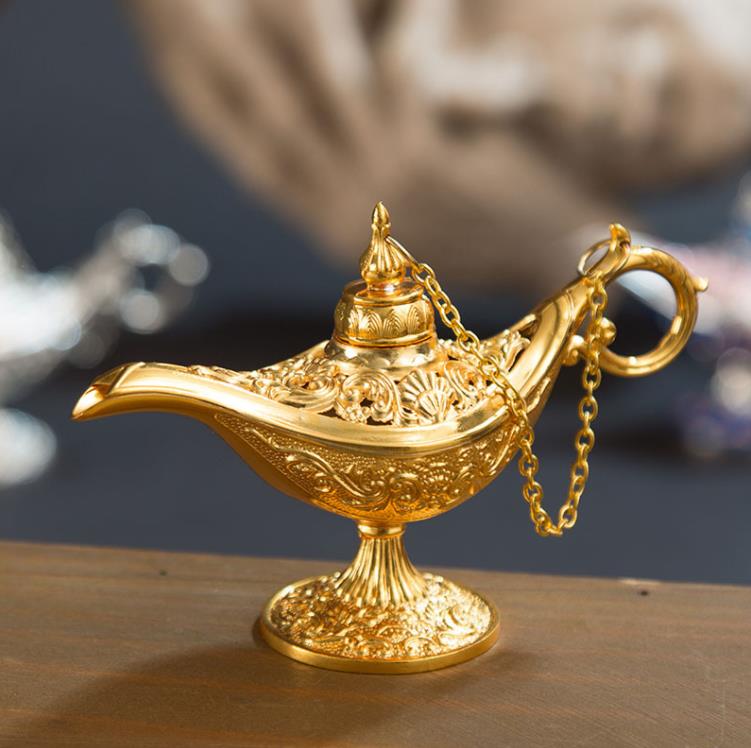 Utm￤rkt saga Aladdin Magic Lamp r￶kelse br￤nnare Vintage Retro Tea Pot Genie Lamp Aroma Stone Home Ornament Metal Craft SN354