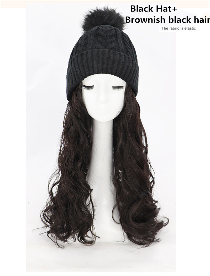 Synthetic Hat Wig Long Wavy Curly Hair Wig Warm Knitted Non-removable Pom Cap With Hairs Autumn Winter Caps Wigs