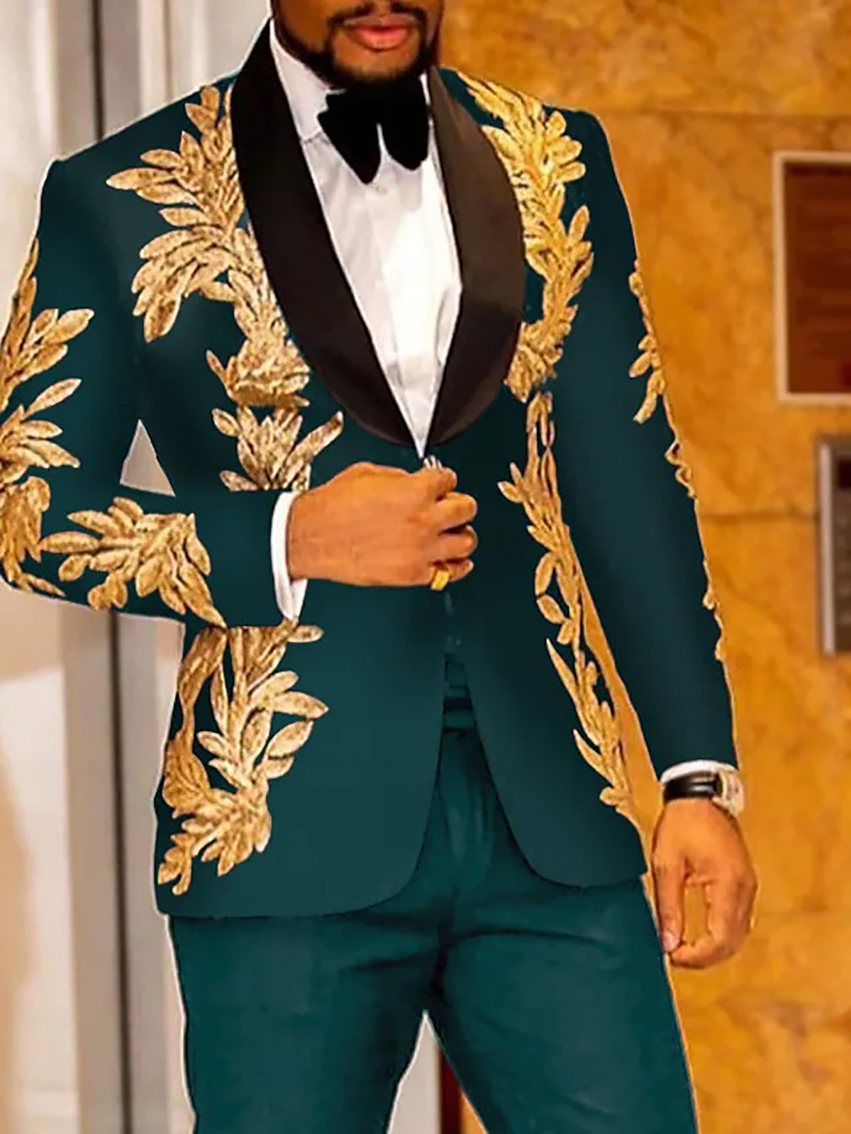 Gold Appliques Men Tuxedos Sequins Custom Made Handsome Wedding Suits For Best Man Fit Slim Formal