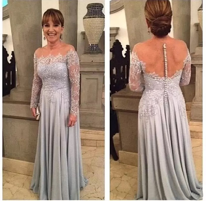 Elegant A line Mother of the Bride Dresses Long Sleeves Appliques Lace Beaded See Through Tops Prom Gown Custom Made