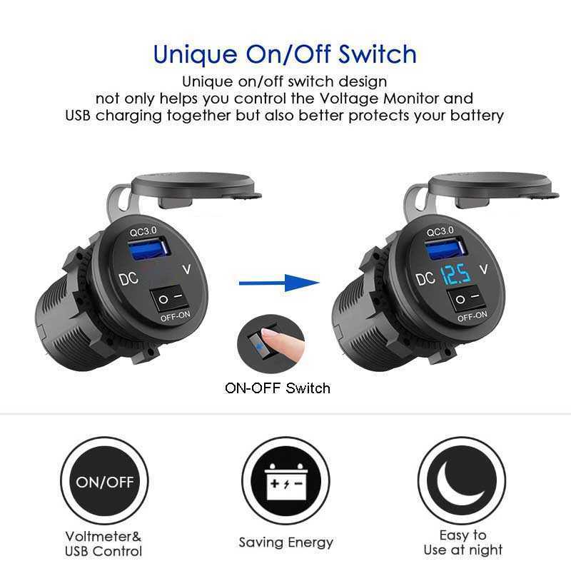 12V/24V Dual USB Charger Socket Waterproof QC3.0 Fast Car Power Adapter Outlet for Boat Motorcycle 5