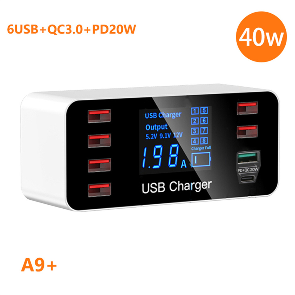 8 Port Quick Charger QC3.0 PD 20W snabb laddningsstation USB Typ C -avgift med smart LED -display smart telefon 40W laddare