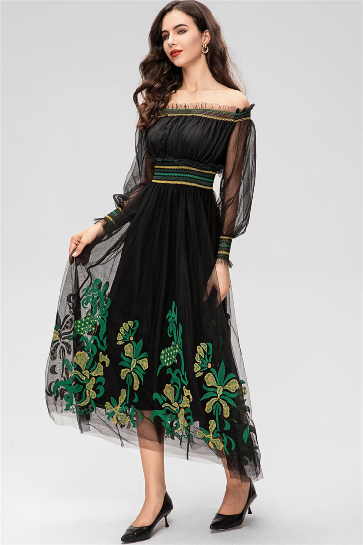 Новая весенняя вышивка для взлетно -посадочной полосы сетка длинное макси -платье 2023 роскошное дизайнер элегантная шейка Sexy Party Vestidos Holiday Robe