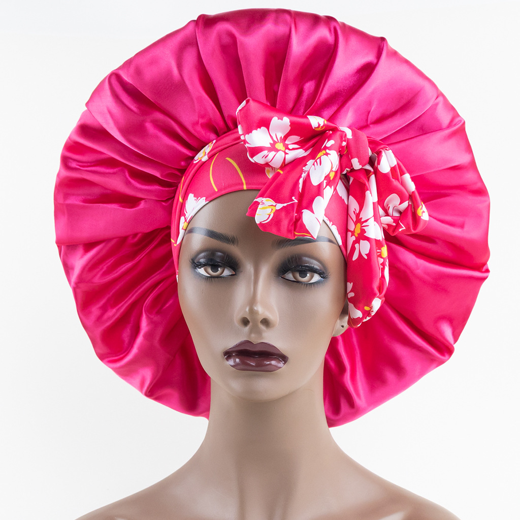 Print Elastic Band Large Satin Bonnet Sleeping Cap with Long Ribbon Wrap Women Adjustable Night Sleep Cap Soft Head Cover