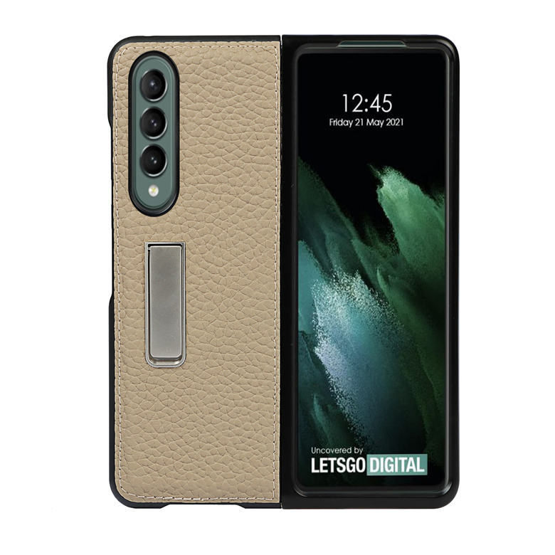 Genuine Lychee Grain Leather Phone Cases for Samsung Galaxy Z Fold3 5G Magnetic Invisible Bracket Business Solid Color Protective Shell Shockproof