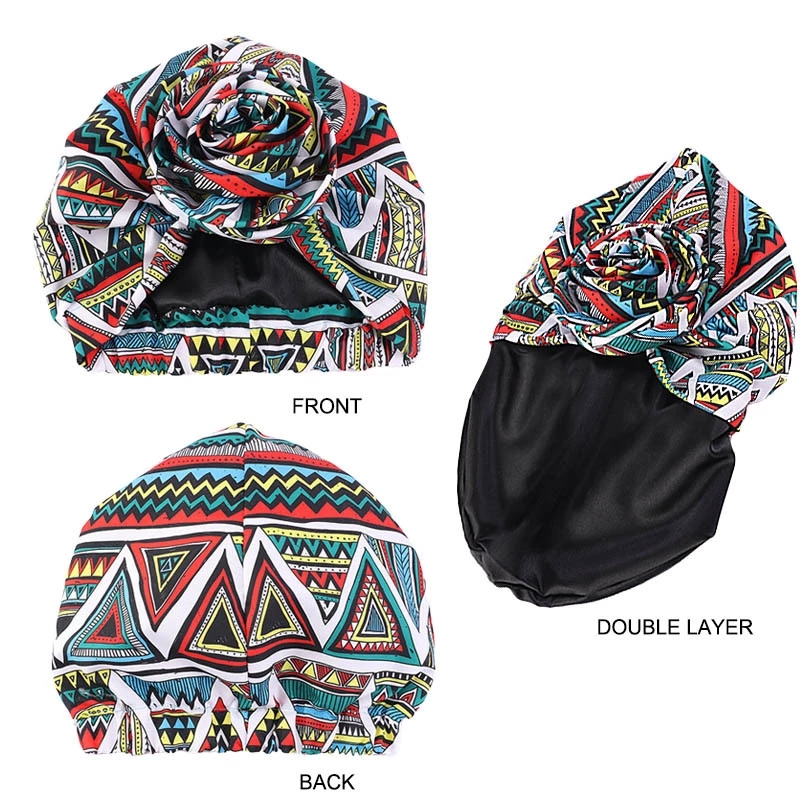 Fashion Women African Pattern Bonnets Big Flower Headwrap Turban Satin Linned Beanie Headscarf Cap Headwear Hair Accessories