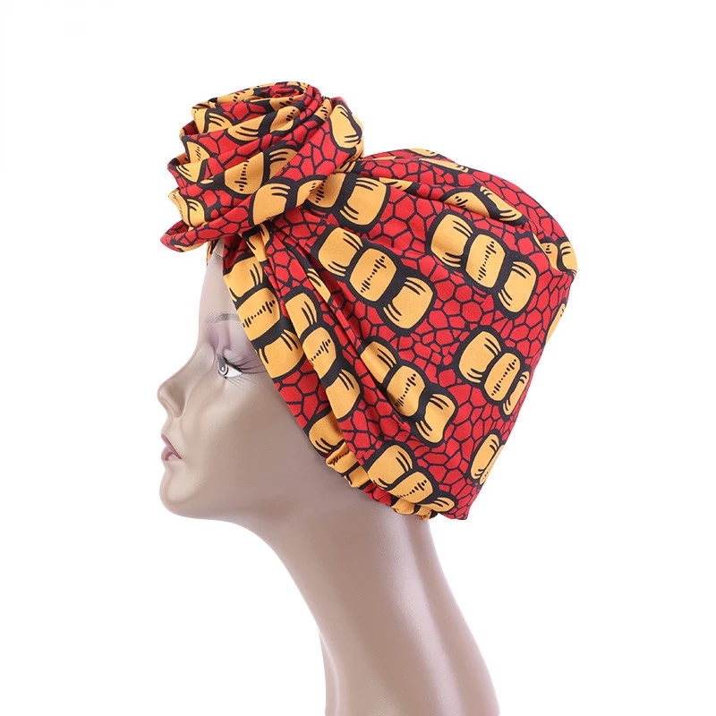 Fashion Women African Pattern Bonnets Big Flower Headwrap Turban Satin Linned Beanie Headscarf Cap Headwear Hair Accessories