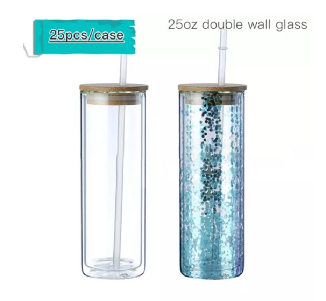 16 oz 25 oz Sublimación de doble pared Lata de vidrio Globo de nieve Vaso de vidrio Vaso de cerveza Vasos para beber transparentes con tapa de bambú y Reusabl2278