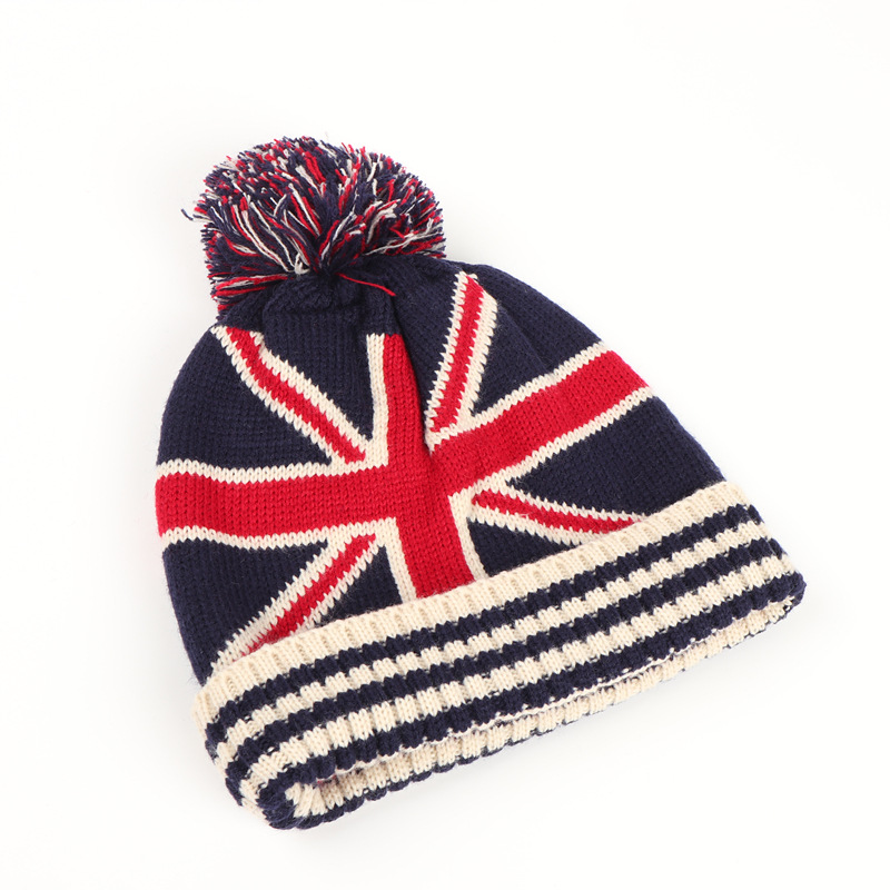 Uomo Inverno Pom Poms palla Berretto lavorato a maglia donna Unisex Casual Cappelli bandiera nazionale britannica e americana Skullies Beanie cappello Gorros