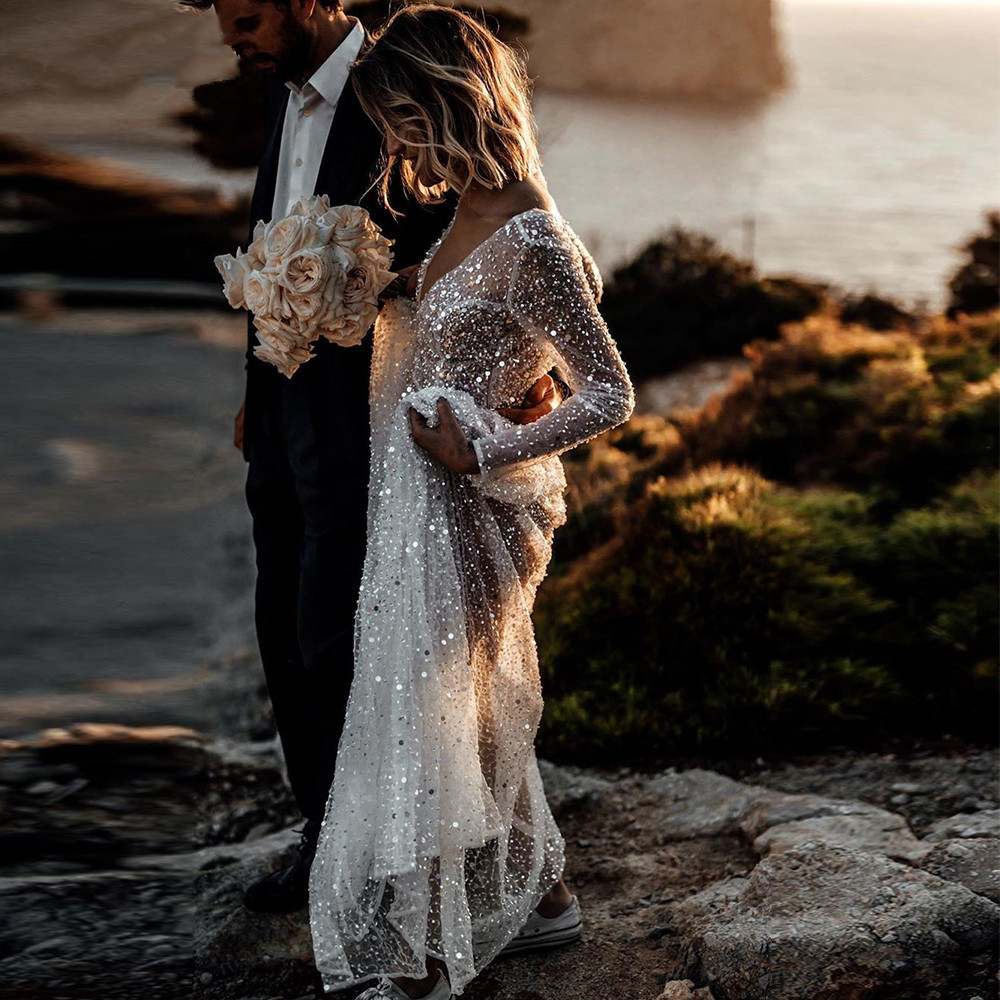 Vestido de novia bohemio con ilusión Sexy, corte en A, mangas con cuello en V, vestidos de novia con espalda descubierta, vestidos de novia de playa con cuentas y lentejuelas