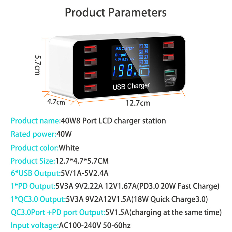 8 Port Quick Charger QC3.0 PD 20W Станция быстрого зарядки USB Type C Зарядка с интеллектуальным светодиодным дисплеем Смарт -телефон 40W Зарядные устройства.