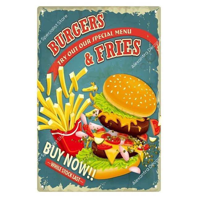 Hamburger Fast Food Metal Painting Vintage Tin Sign Restaurant Wall Plate Posters for Kitchen Cafe Diner Bar Iron Decoration 20cmx30cm Woo