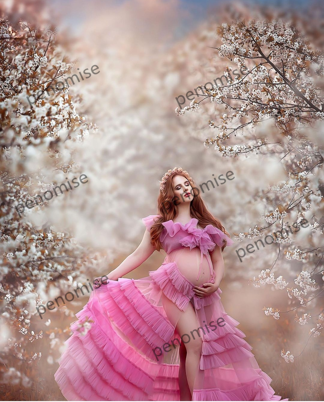 See Thru Pink Tulle Maternity Dress Tiered Ruffles Prom Dresses Made to Order Sleeveless Party Robes for Photoshoot