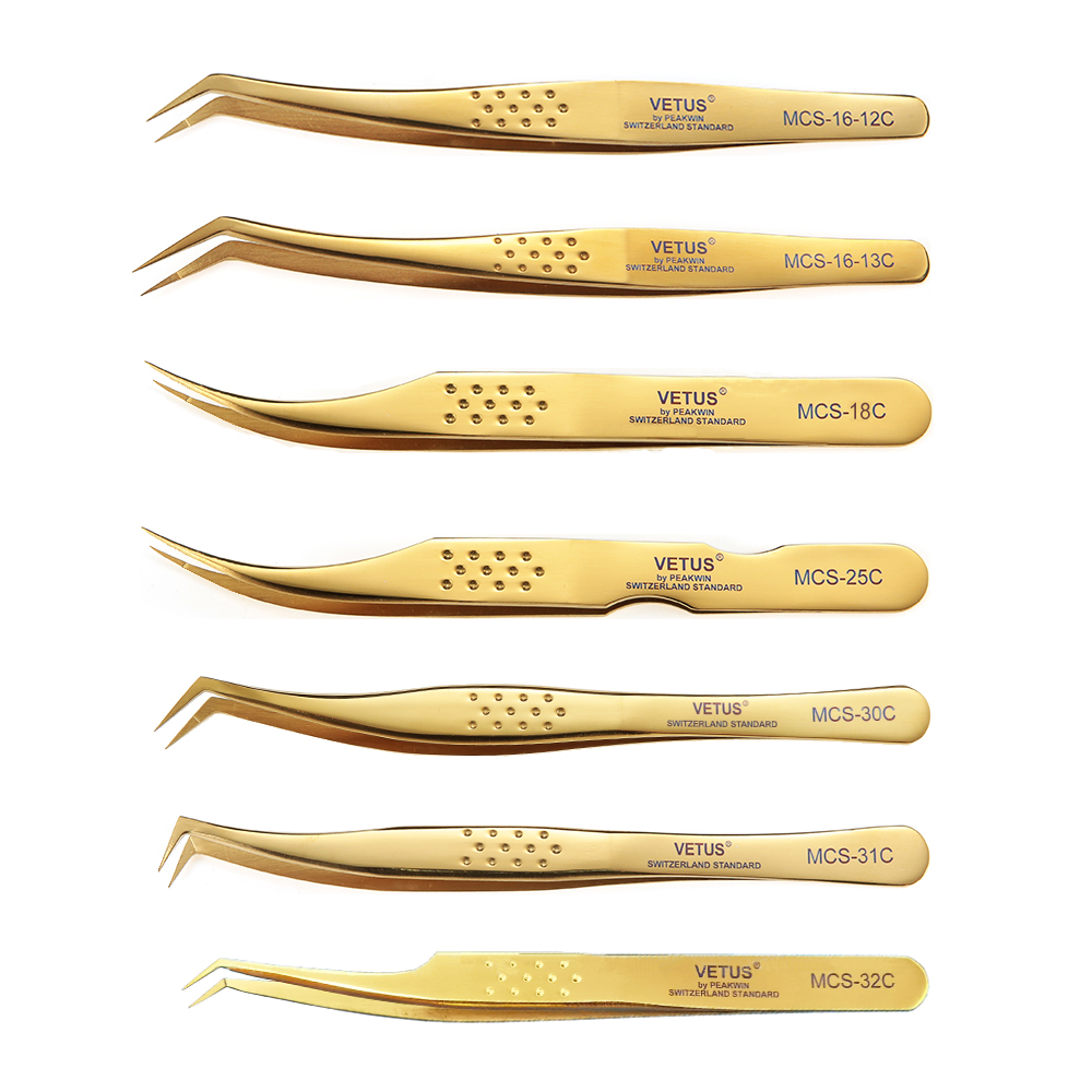 100% Vetus Hand Tools McS C Series Fan Eyelash Golden Golden Tweezers Profissional para Extensão de Cílios Volumn 3D/6D Maquiagem de cílios anti-estáticos