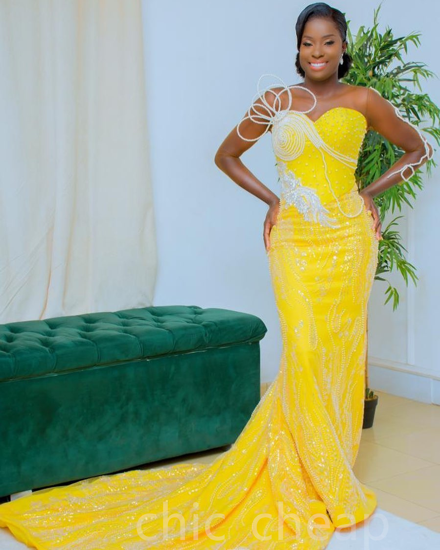2022 Arabic Aso Ebi Mermaid Yellow Prom Dresses Beaded Pearls Evening Formal Party Second Reception Birthday Engagement Gowns Dress ZJ111