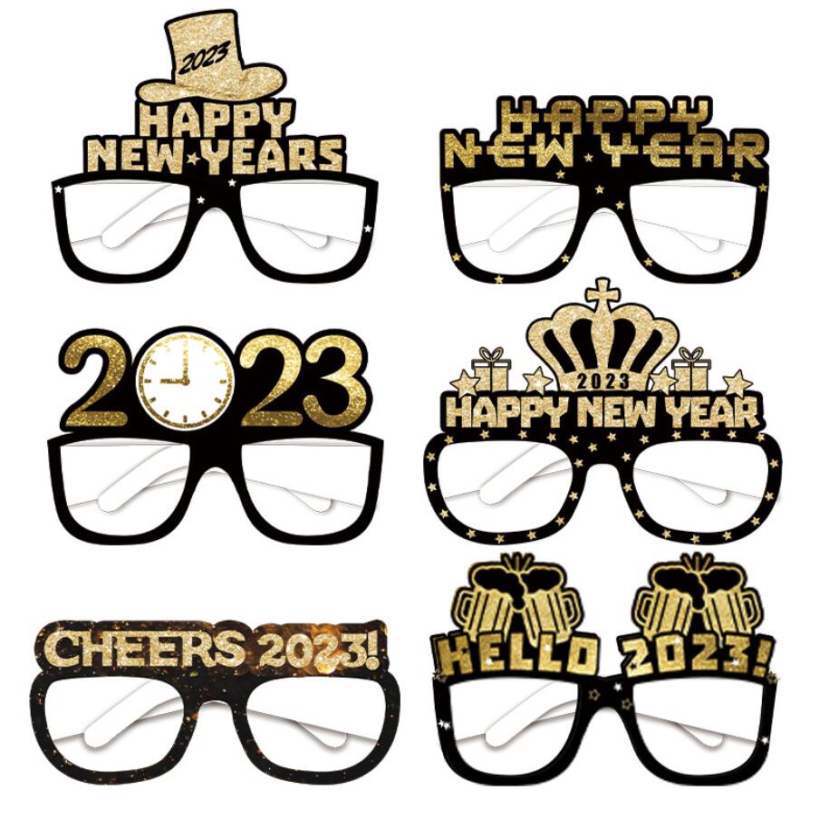 Party Decoration Happy New Year Paper Glasses Cheers 2023 Black Gold Eyeglasses Photo Props Merry Christmas Decorations For Home Xmas Decor