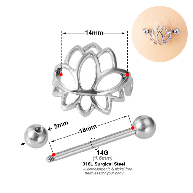 Lotus mamilo anel de anel cir￺rgico de a￧o escudo j￳ias de piercing para homens e mulheres