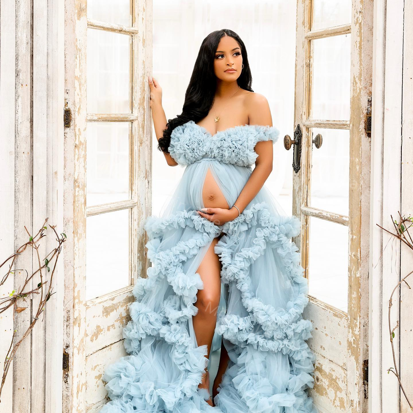 2023 Prom Dresses Light Blue Khaki African Maternity Dress Robes for Photo Shoot or baby shower Ruffles Tulle Chic Women Photography Robe Party Dress Off Shoulder