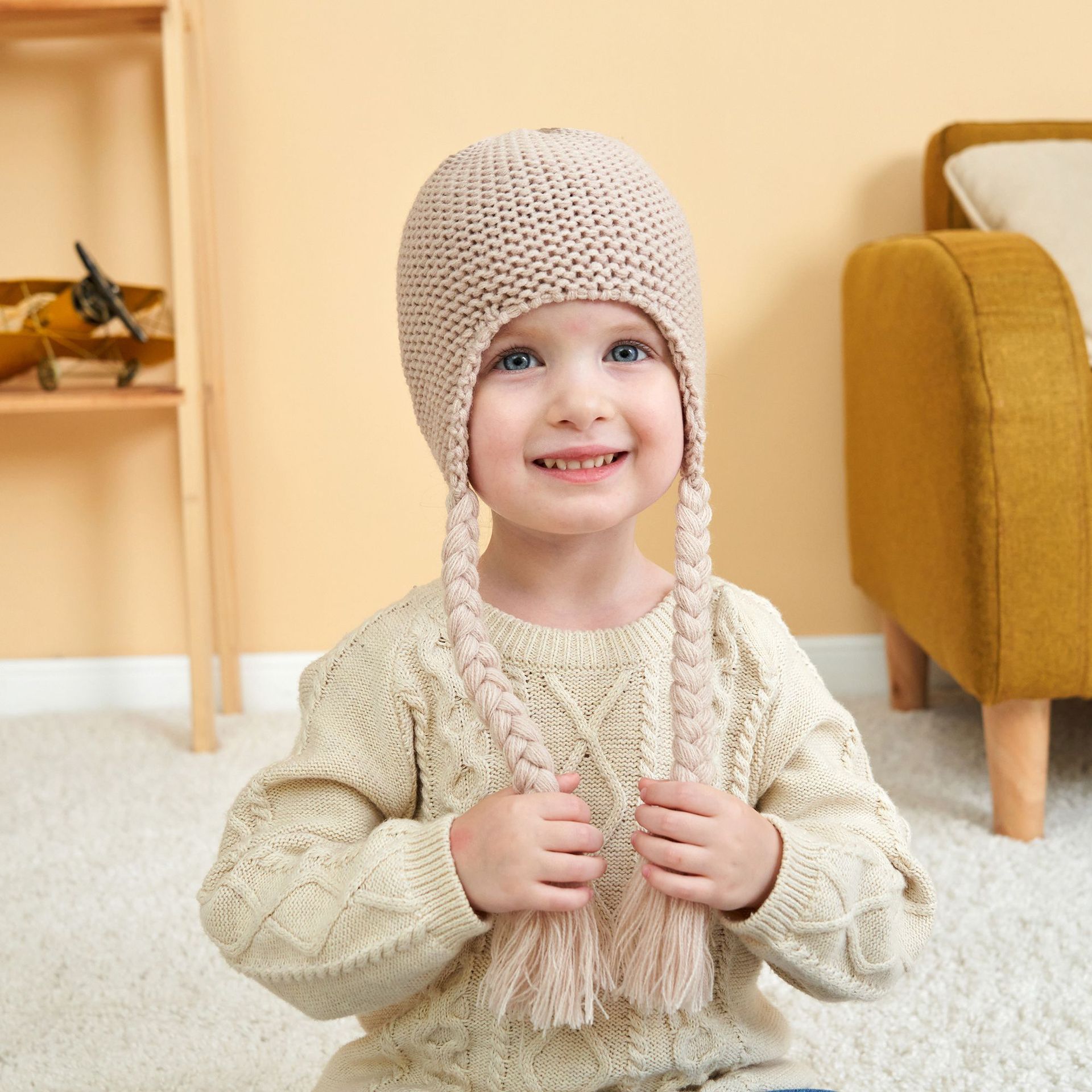 Baby m￶ssor hattar fast f￤rg sp￤dbarn vinterskyddande ￶ron s￶ta fl￤tor m￶ssor dubbel stickade sm￥barn hat m￶ssa vinter f￶r flicka
