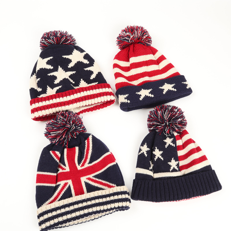 Men Winter Pom Poms ball Knitted Cap For Women Unisex Casual British and American national flag hats Skullies Beanie hat Gorros