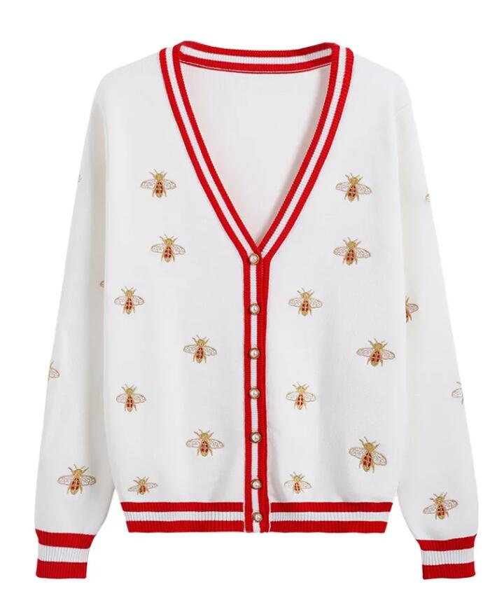 Qualité supérieure Fashion Designer Pulls Abeille Broderie Cardigan Manches Longues Simple Boutonnage Contraste Couleur Bouton