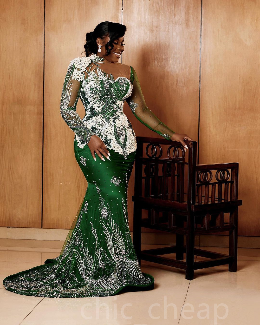 2022 Arabic Aso Ebi Mermaid Green Prom Dresses Pearls Lace Beaded Evening Formal Party Second Reception Birthday Engagement Gowns Dress ZJ788