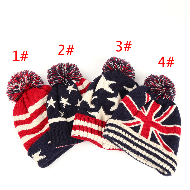 Men Winter Pom Poms ball Knitted Cap For Women Unisex Casual British and American national flag hats Skullies Beanie hat Gorros