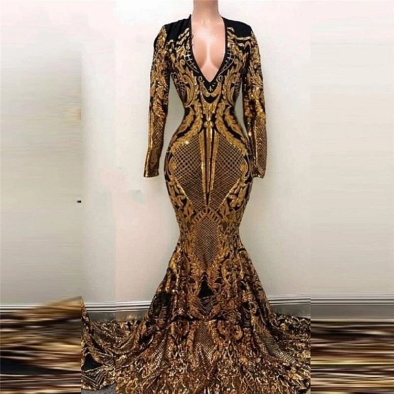 Luxe Noir Paillettes Dentelle Sirène Robes De Soirée Arabe Aso Ebi Col Haut Manches Longues Musulman Prom Party Robes Occasion Formelle Deuxième Robe De Réception AL8651