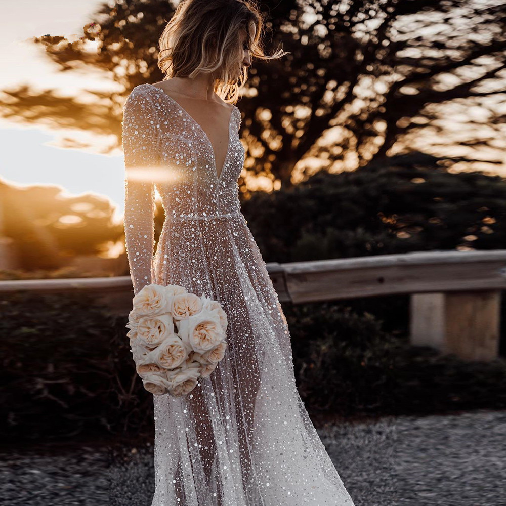 Sexy Illusion Boho Wedding Dress A-Line V-Neck Sleeves Wedding Dresses Backless Beach Bridal Gowns Sequined Beading Beach