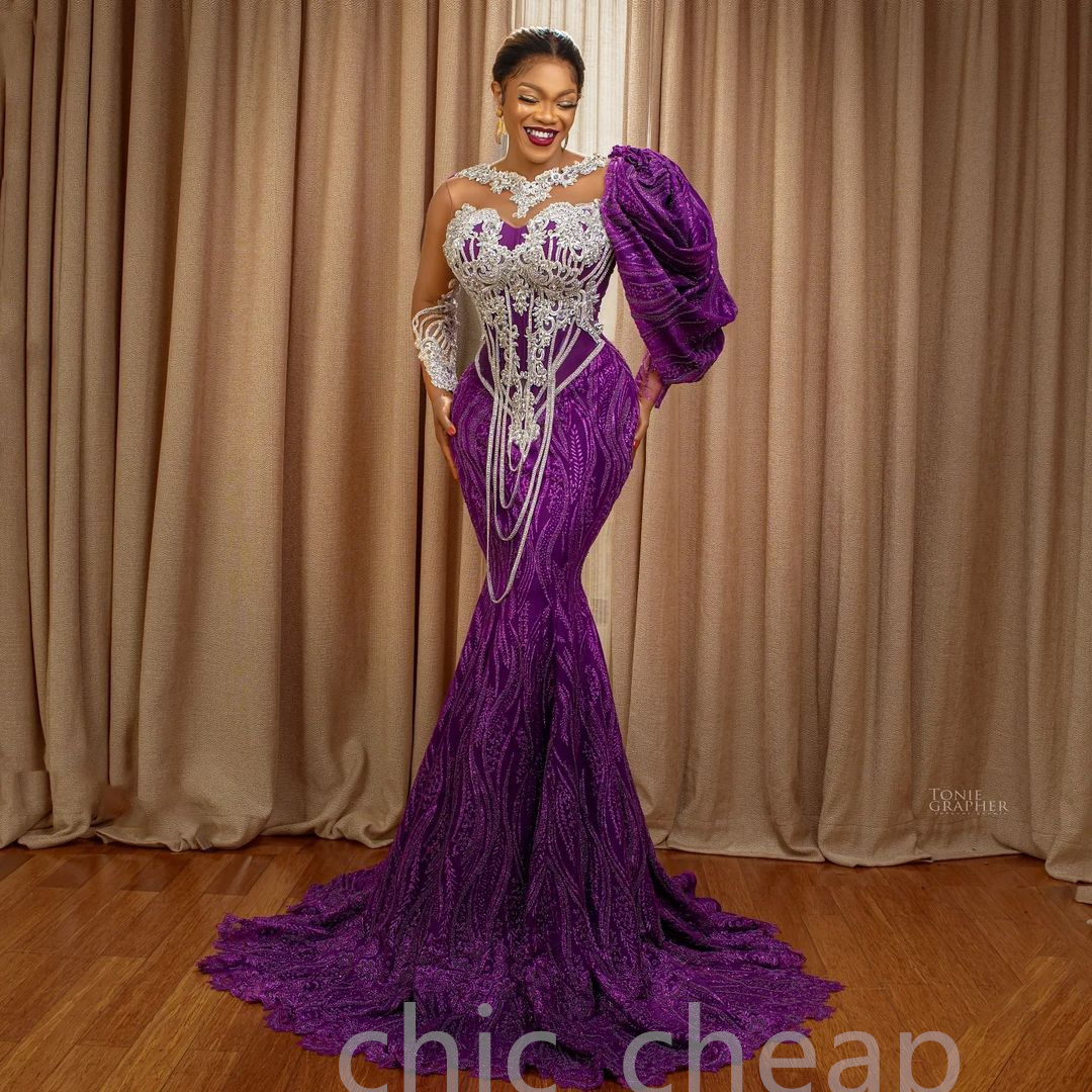 2022 아랍어 ASO EBI Purple Mermaid Prom Dresses 레이스 구슬 구슬 섹시한 저녁 형식 파티 두 번째 리셉션 생일 약혼 가운 드레스 ZJ730